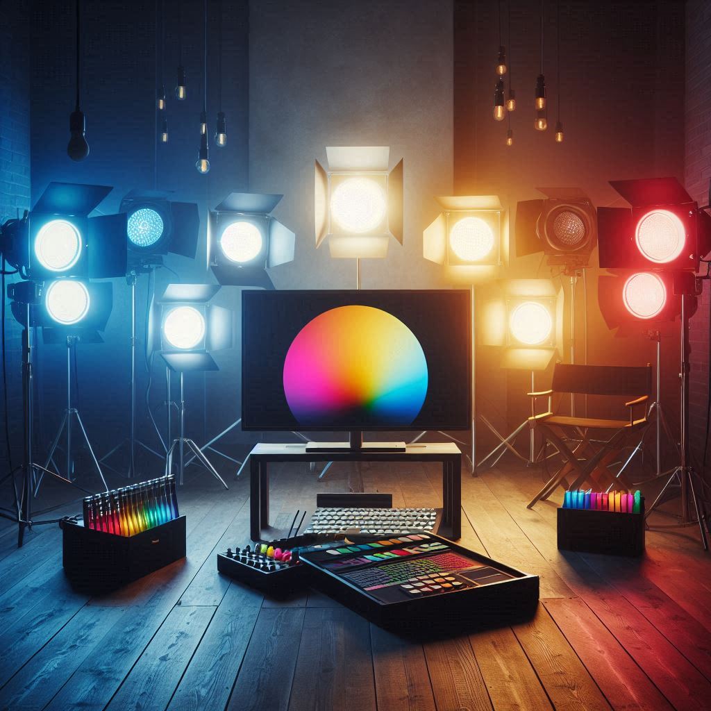 rendered image of a film studio with various types of floodlights and colors, and prominently displayed in the middle is a monitor with a color wheel on the display.