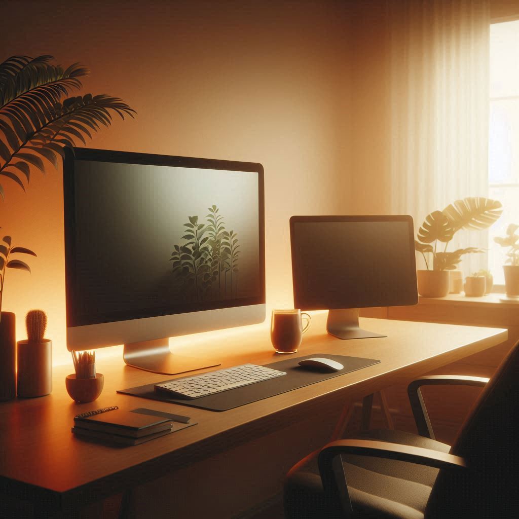 A calm serene office space with a computer monitor, keyboard and mouse, and with soft warm sunlight eminating from a window to the right.
